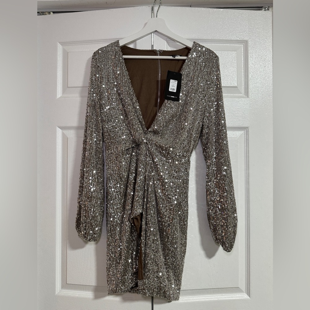 Gold Brown Long Sleeve Sequin Dress - Brand New